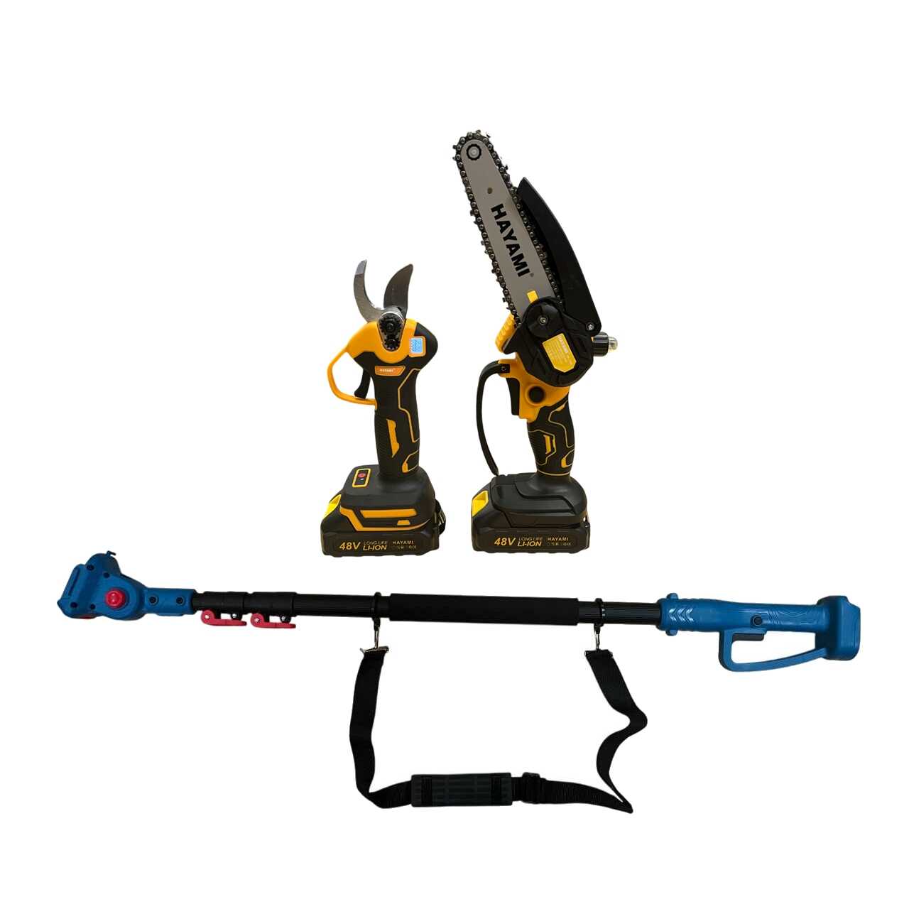 HAYAMI HA-1008 Akkumulátoros Készlet: Láncfűrész, Metszőolló és Teleszkópos Nyél, 2x48V 5.0Ah Akkuval - Image 9