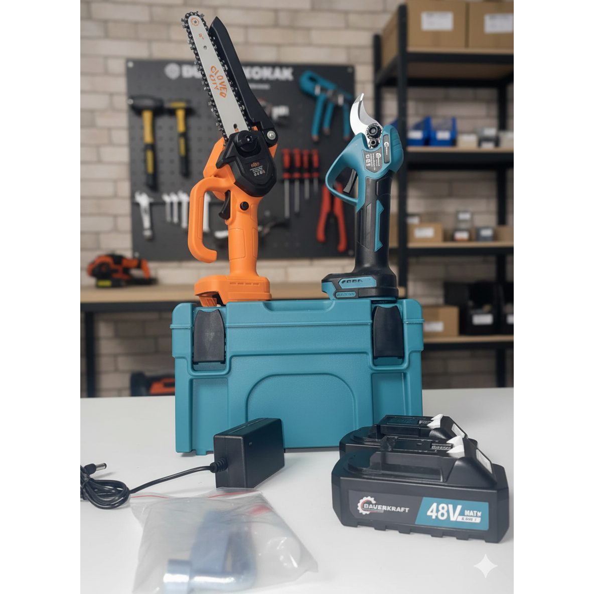 Akkumulátoros metsző olló és fűrész készlet 2db 48v akkumulátorral teleszkópos magassági toldó karral - Image 10