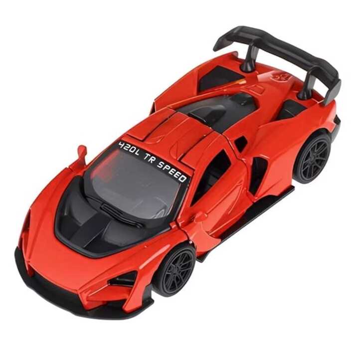 Piros metálfényű sport játékautó, nyitható ajtókkal