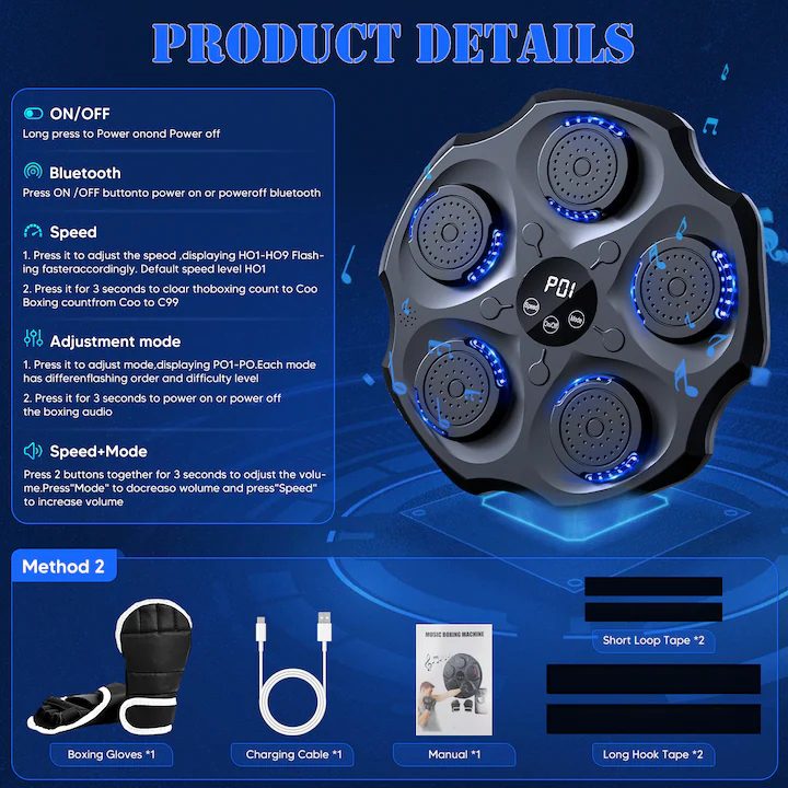 Interaktív Zenei Boksz Edzőgép Fali, Bluetooth, LED Fények, Bokszkesztyűvel - Image 14