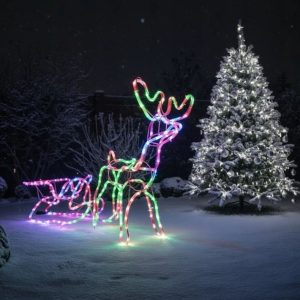 Karácsonyi 3D LED-es Rénszarvas Szánnal , 120 cm, kül- és beltéri karácsonyi dekoráció RGB színes 220 v