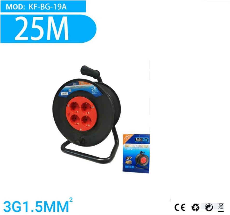 25 méteres kábeldob, hosszabító 3G1.5mm 4-es elosztóval IP20 Hálózati beltéri fekete/piros Extra Star