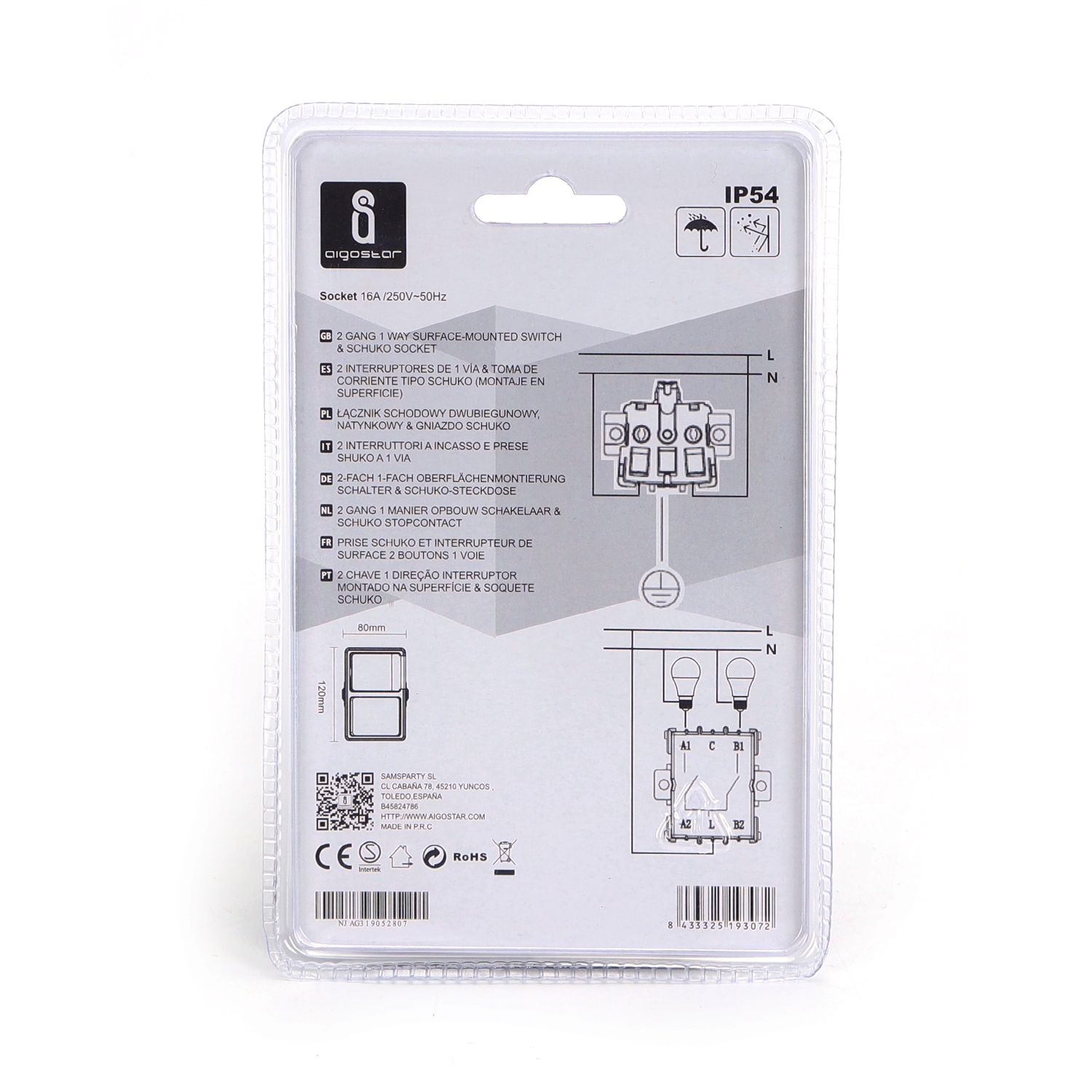 Vízálló falon kívüli kombinált egység: konnektor csapófedéllel és dupla kapcsoló IP44 szürke-fekete Aigostar