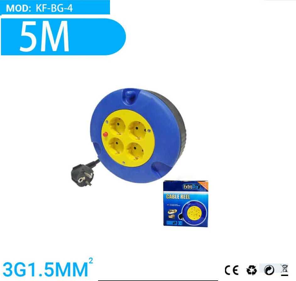 5 méteres kábeldob hosszabító 3G1.5mm 4-es Hálózatelosztóval IP20 beltéri kék/sárga Extra Star