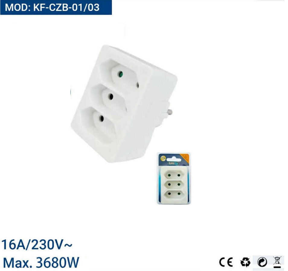3-as elosztó Lapos Elágazó Adapter Fehér Gyermekvédelemmel 16A 3680W extra sztár