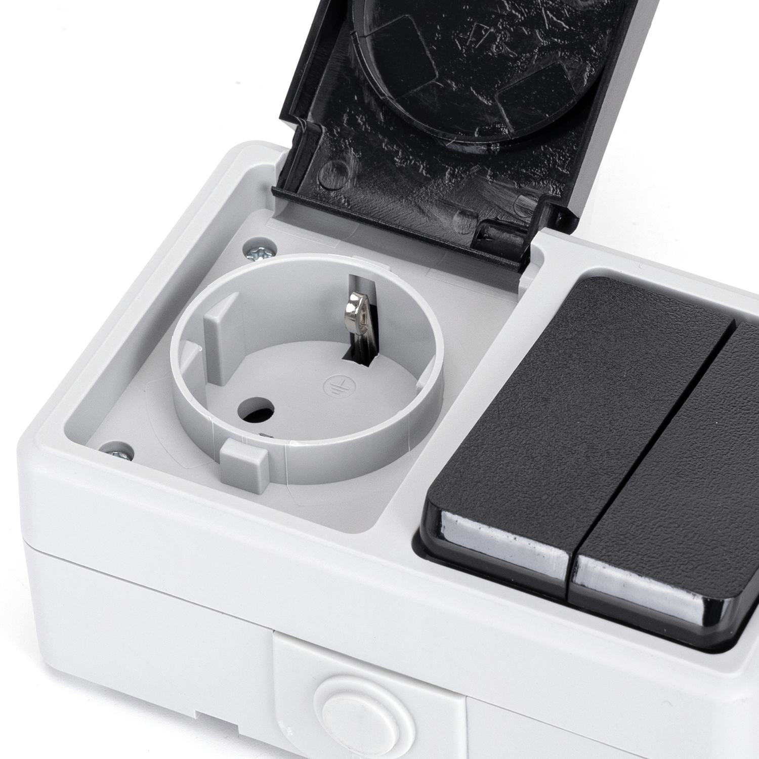 Vízálló falon kívüli kombinált egység: konnektor csapófedéllel és dupla kapcsoló IP44 szürke-fekete Aigostar