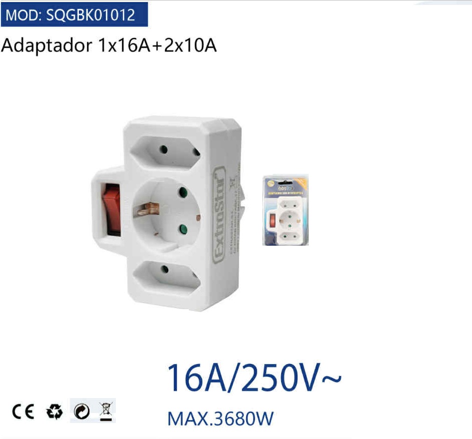 3-as Elosztó Adapter Kapcsolóval Fehérgyermekvédelemmel 16A 3680W
