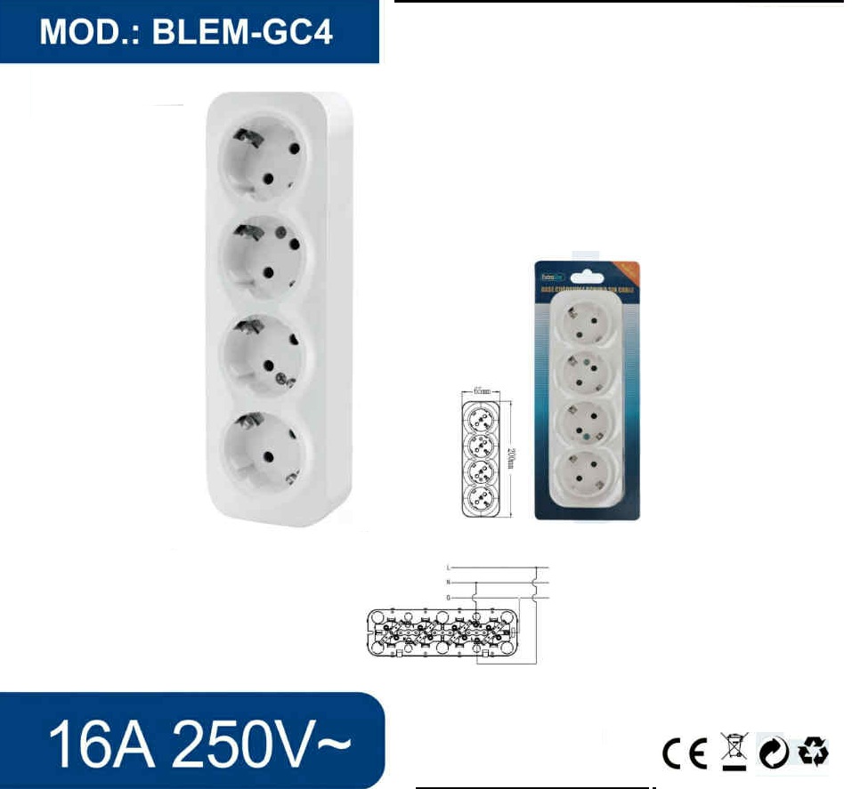 Négyes falon kívüli hálózati aljzat elosztó 16A 250V IP20 beltéri fehér Extra Star