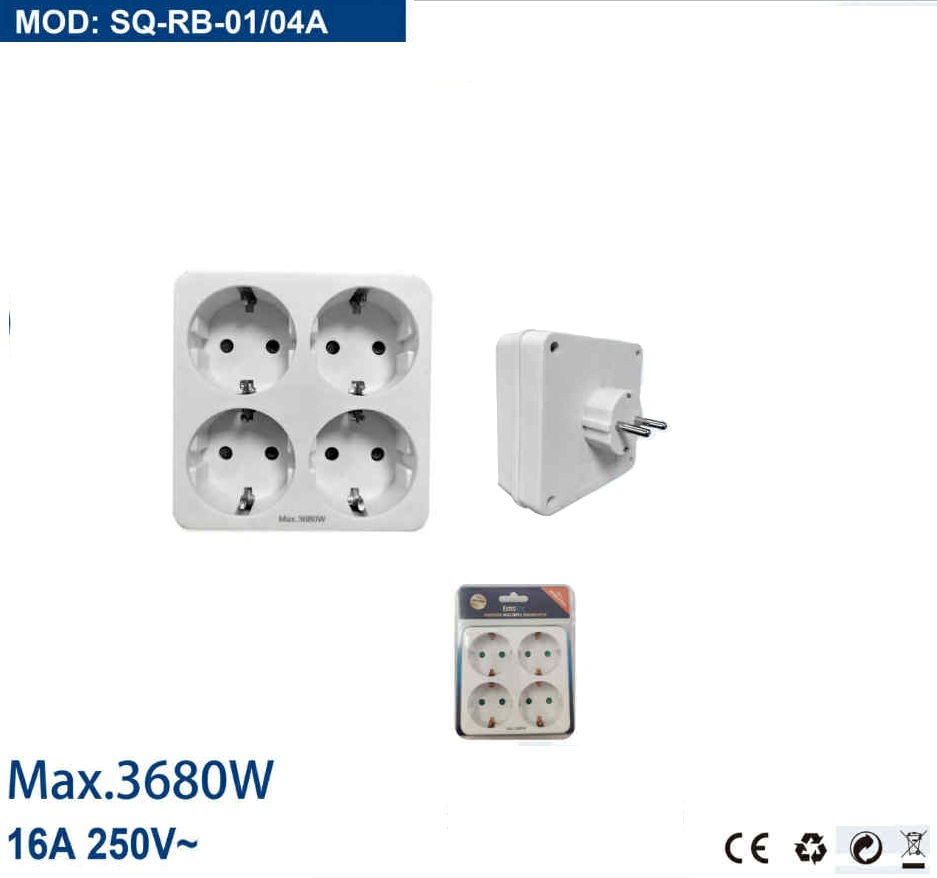 4-es hálózati elosztó adapter (1-ből 4) 16A 250V 3680W IP20 fehér Extra Star