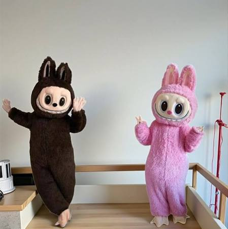 Labubu ihlette plüss jelmez maszkos kapucnival Barna – gyerek) - Image 2