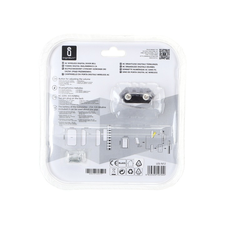 Vezeték nélküli digitális csengő szett fekete/arany Aigostar 36 dallamal 150 méter