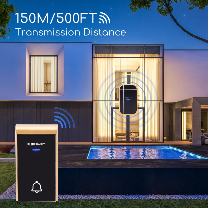 Vezeték nélküli digitális csengő szett fekete/arany Aigostar 36 dallamal 150 méter