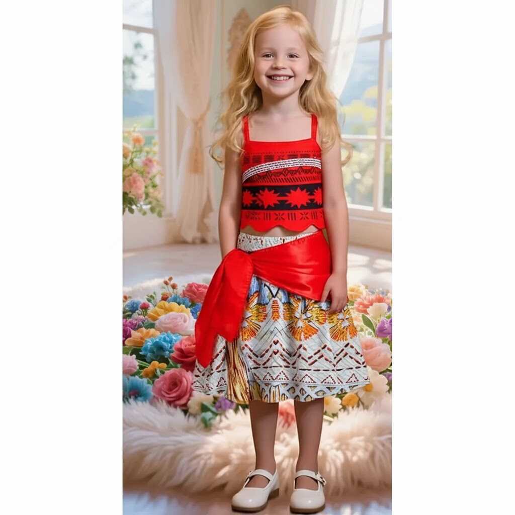 Gyerek Moana Vaiana jelmez szett – két részes, piros felső és színes szoknya - Image 4