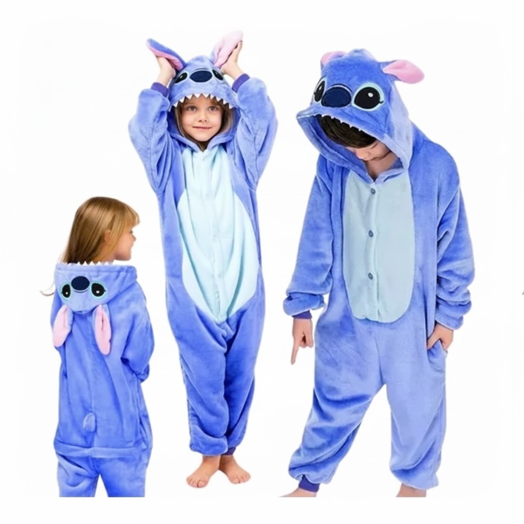 Gyermek Stitch jelmez – plüss kapucnis kezeslábas L méretben