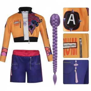 K-Pop Demon Hunter Rummi jelmez szett extra hosszú fonott lila parókával