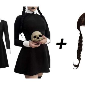 Wednesday Addams fekete ruha parókával farsangi jelmez lányoknak