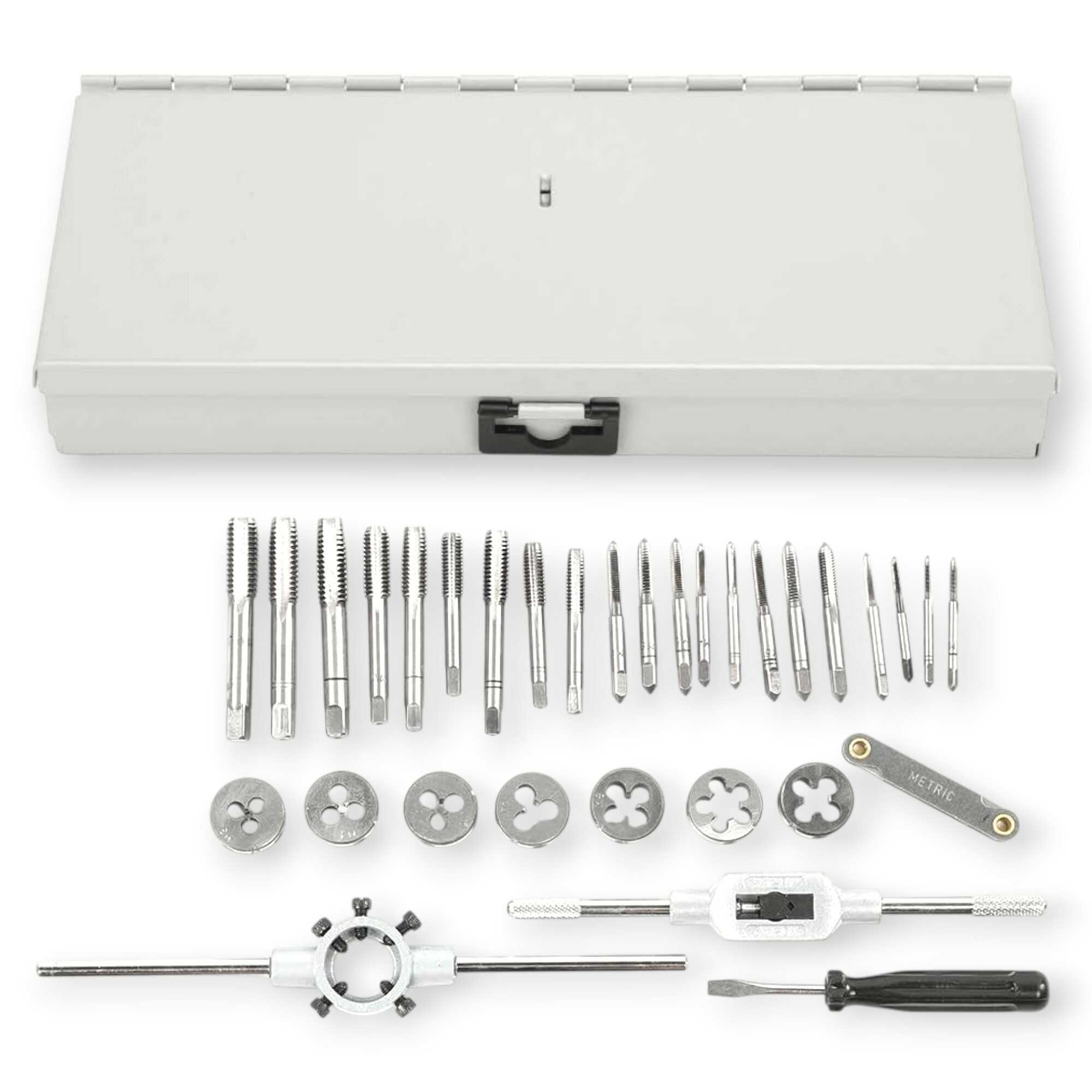 32 részes Professzionális Menetvágó és Menetfúró Készlet Fémdobozban - M3-M12 Precíziós Szerszámacél - HAINA HA-1443