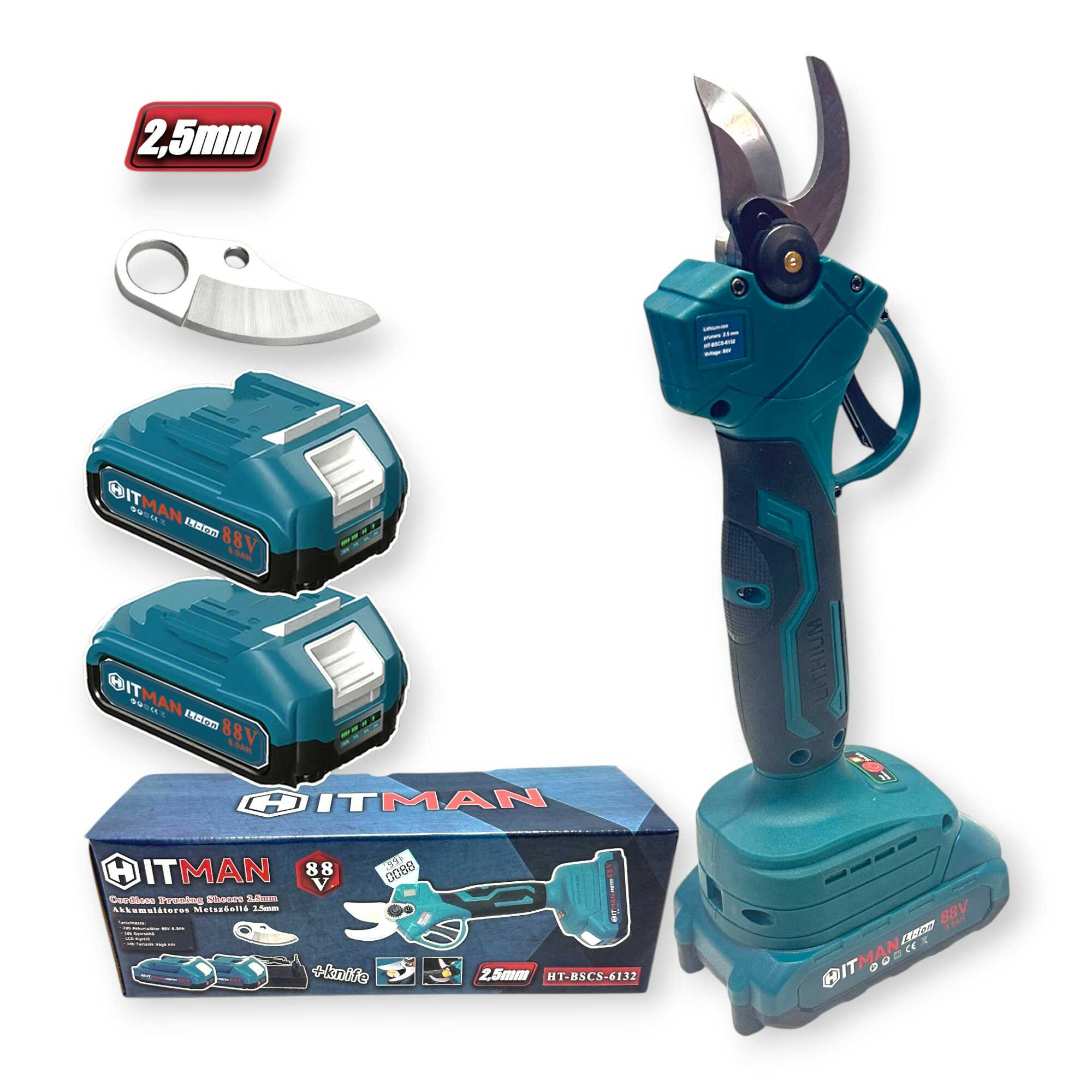 Akkumulátoros Metszőolló 62V 25mm Vágási Kapacitás 2 db Akkuval HT-BSCS-6132 Hitman