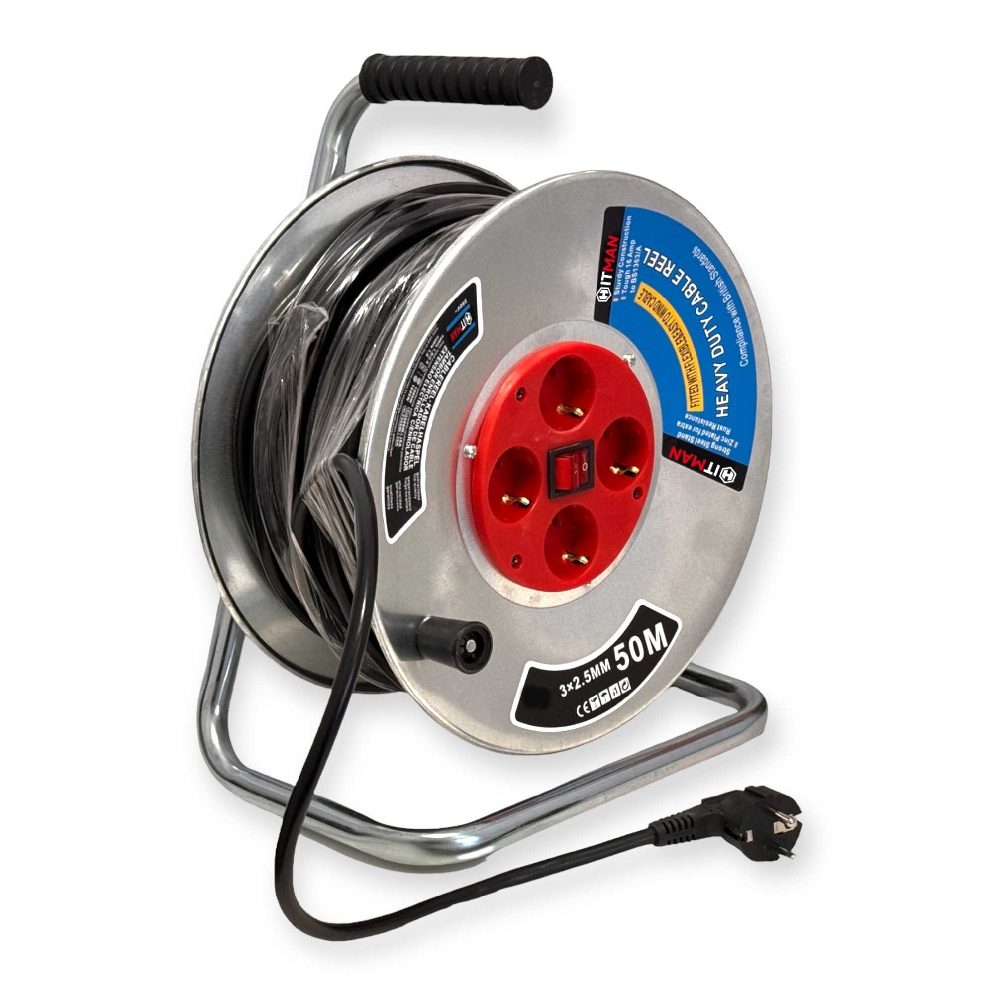 Gumis Hosszabbító Kábel Dob 50m 3x2,5mm² H07RN-F 4 Dugalj HT-HSB-3350M Hitman