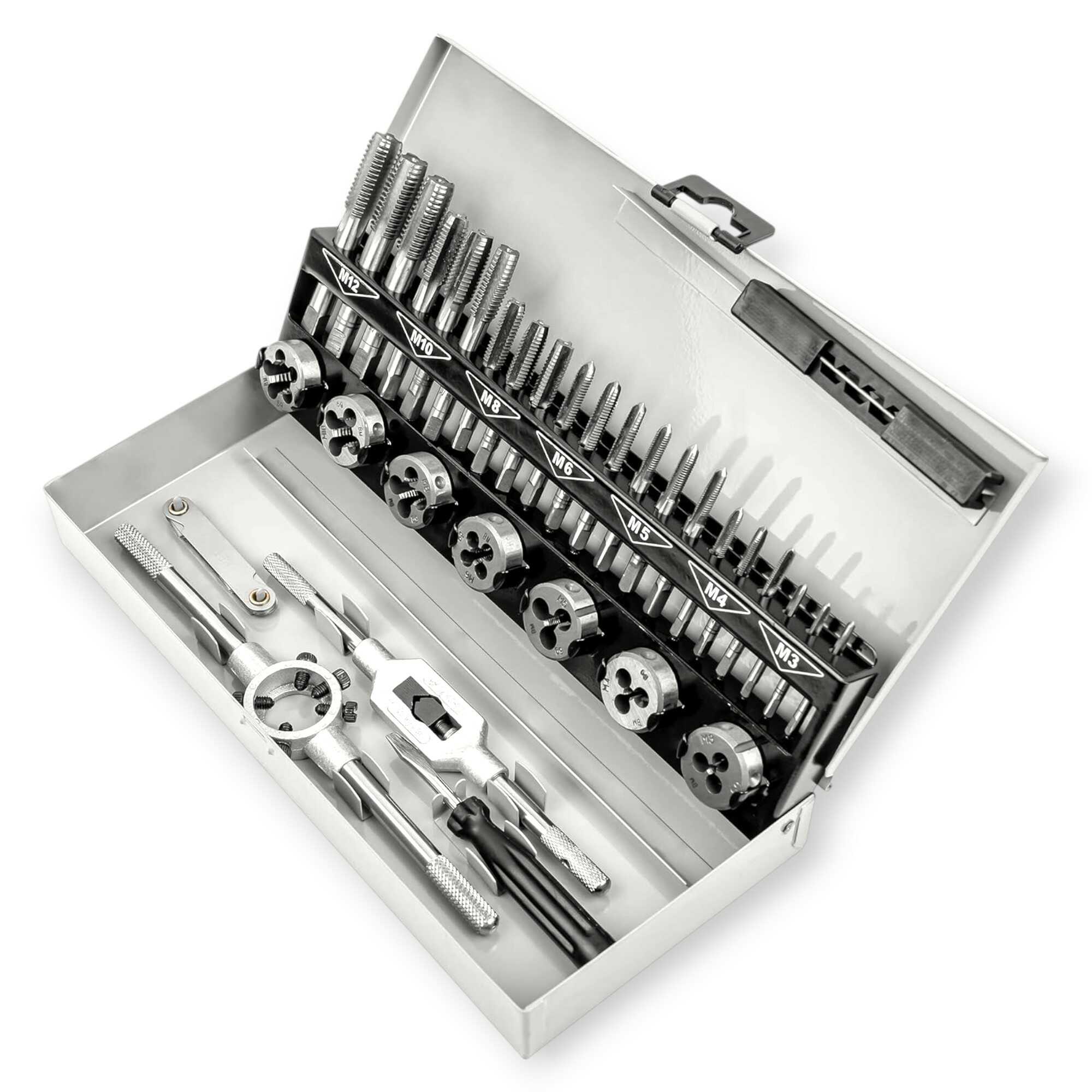 32 részes Professzionális Menetvágó és Menetfúró Készlet Fémdobozban - M3-M12 Precíziós Szerszámacél - HAINA HA-1443