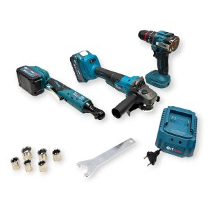 Akkumulátoros 3in1 Gépkészlet 62V Ütvecsavarozó Sarokcsiszoló Fúró-Csavarozó 2 db 8.0Ah Akkuval HT-BBS-7433Pro Hitman