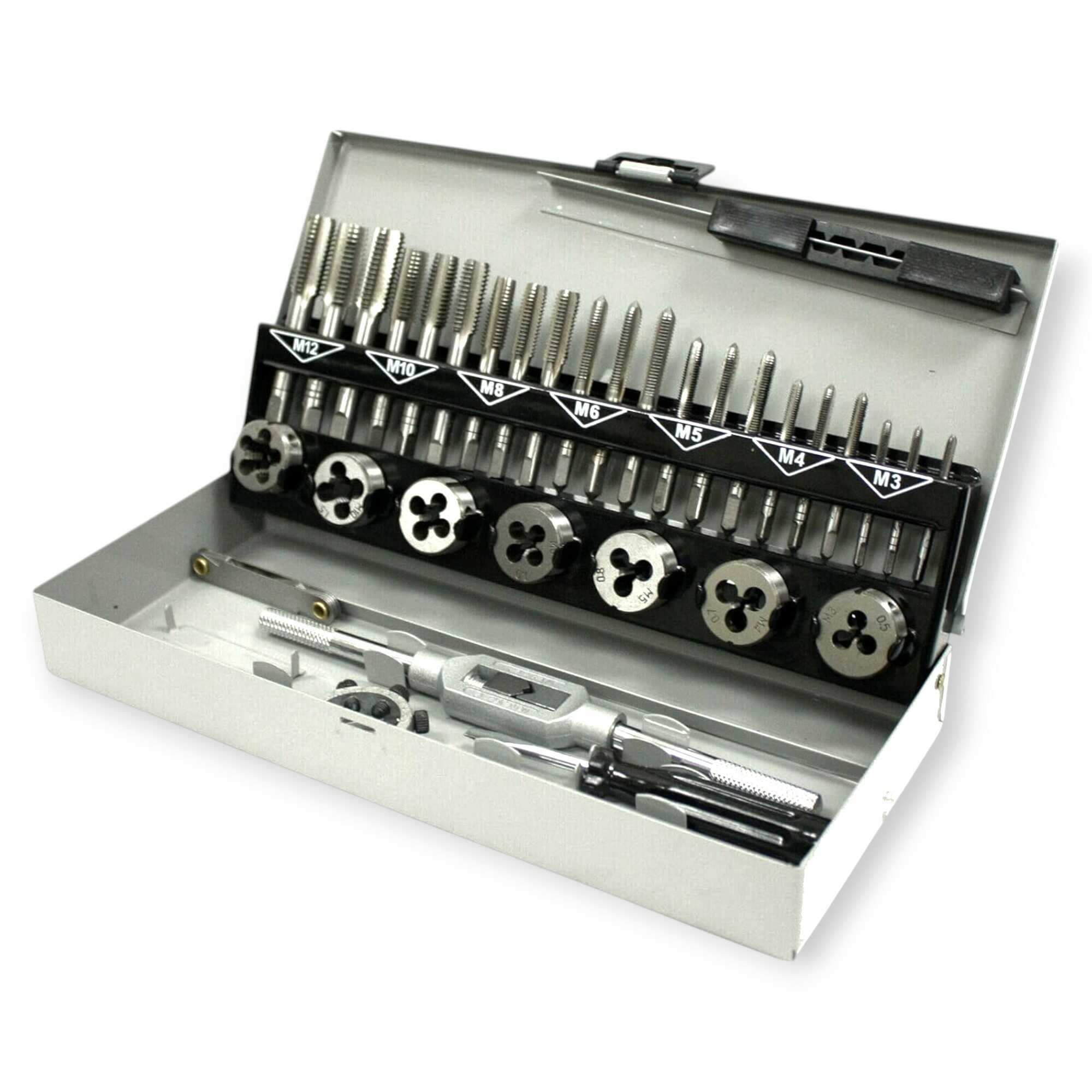 32 részes Professzionális Menetvágó és Menetfúró Készlet Fémdobozban - M3-M12 Precíziós Szerszámacél - HAINA HA-1443