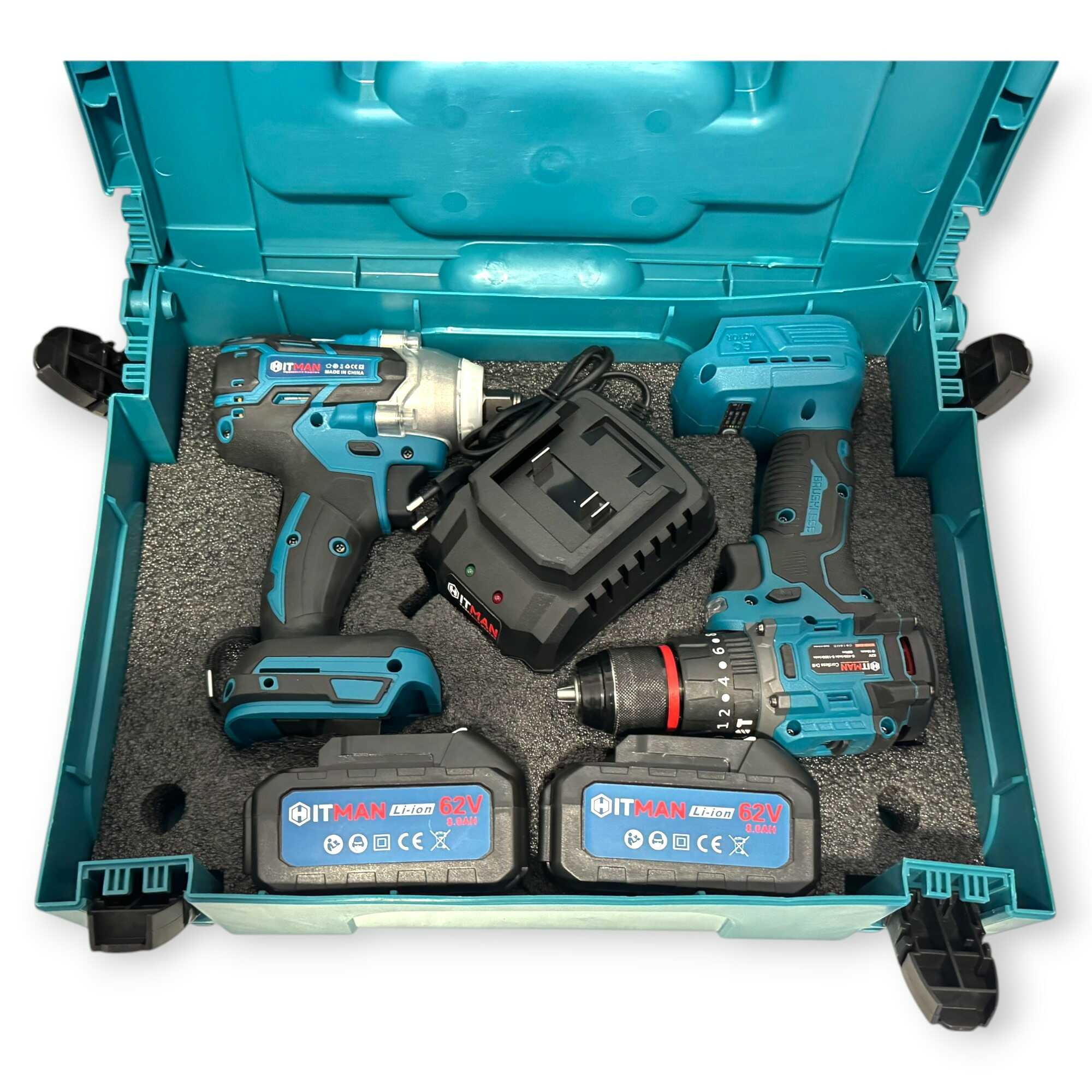 Akkumulátoros Szerszámkészlet - Fúró-Csavarozó és Kerékkulcs Szett 62V, 8.0Ah - HITMAN HT-BBS-6253Pi