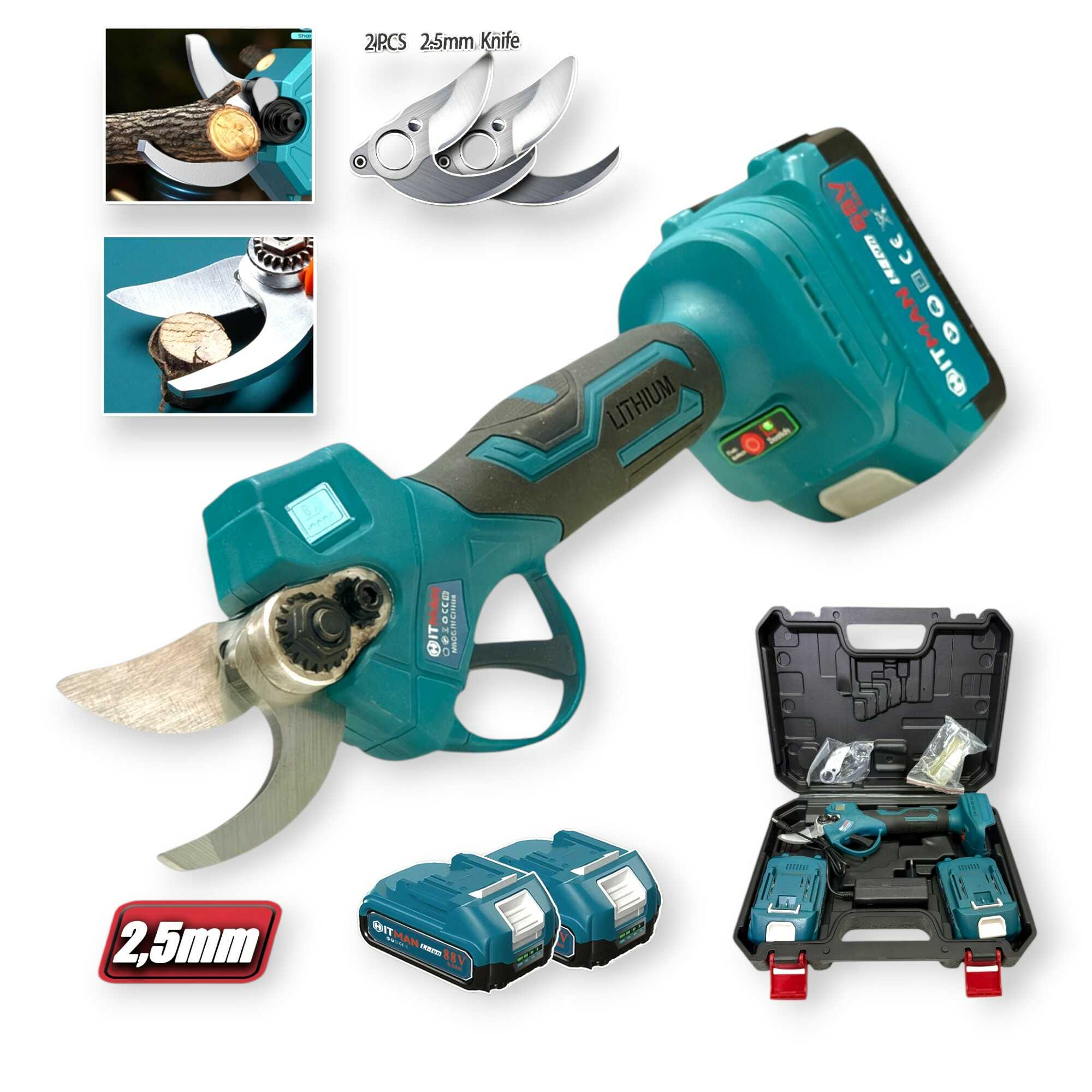 Akkumulátoros Metszőolló 88V LCD Kijelző 2-Akkús 2-Kés Készlet HT-BSCS-6449 Hitman