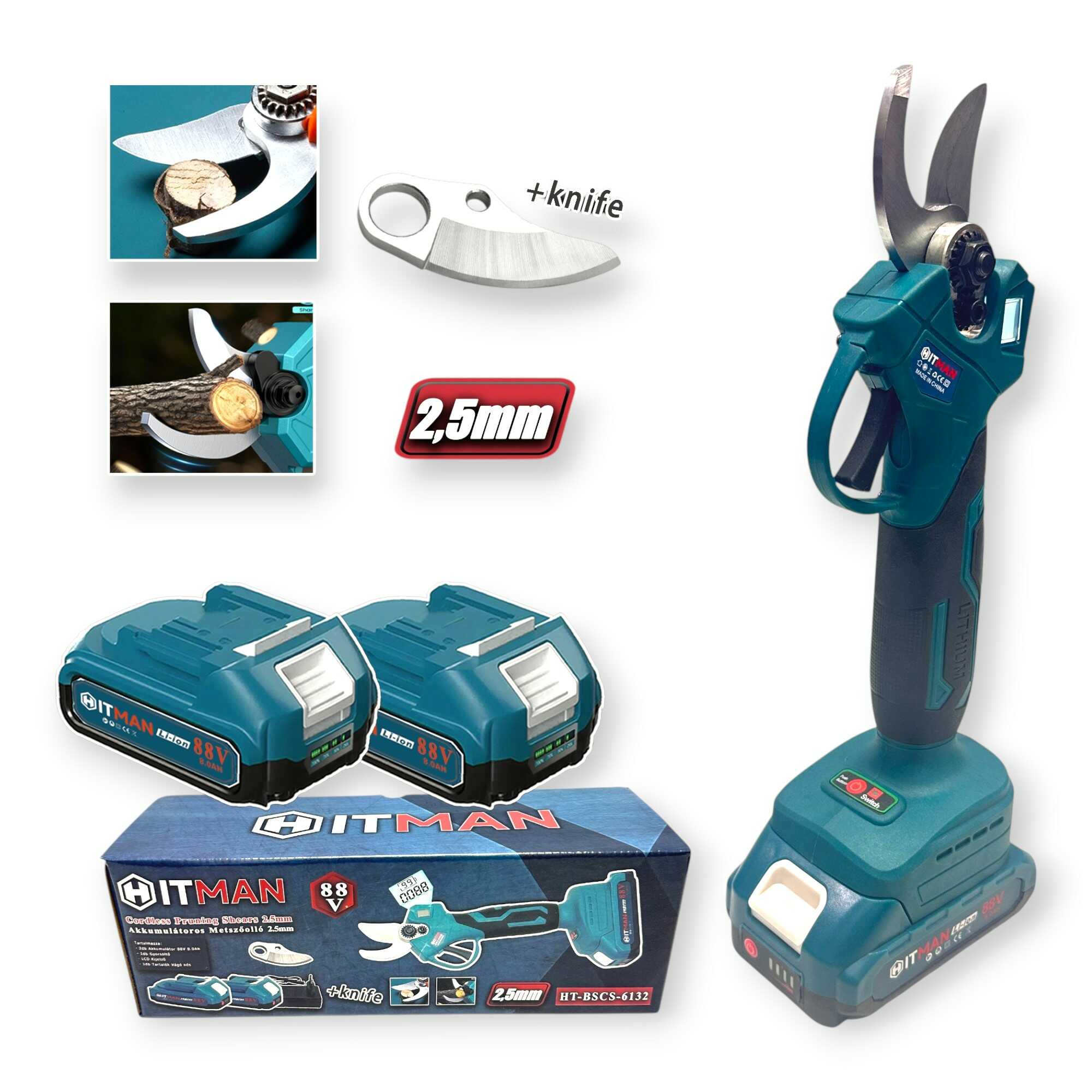 Akkumulátoros Metszőolló 62V 25mm Vágási Kapacitás 2 db Akkuval HT-BSCS-6132 Hitman