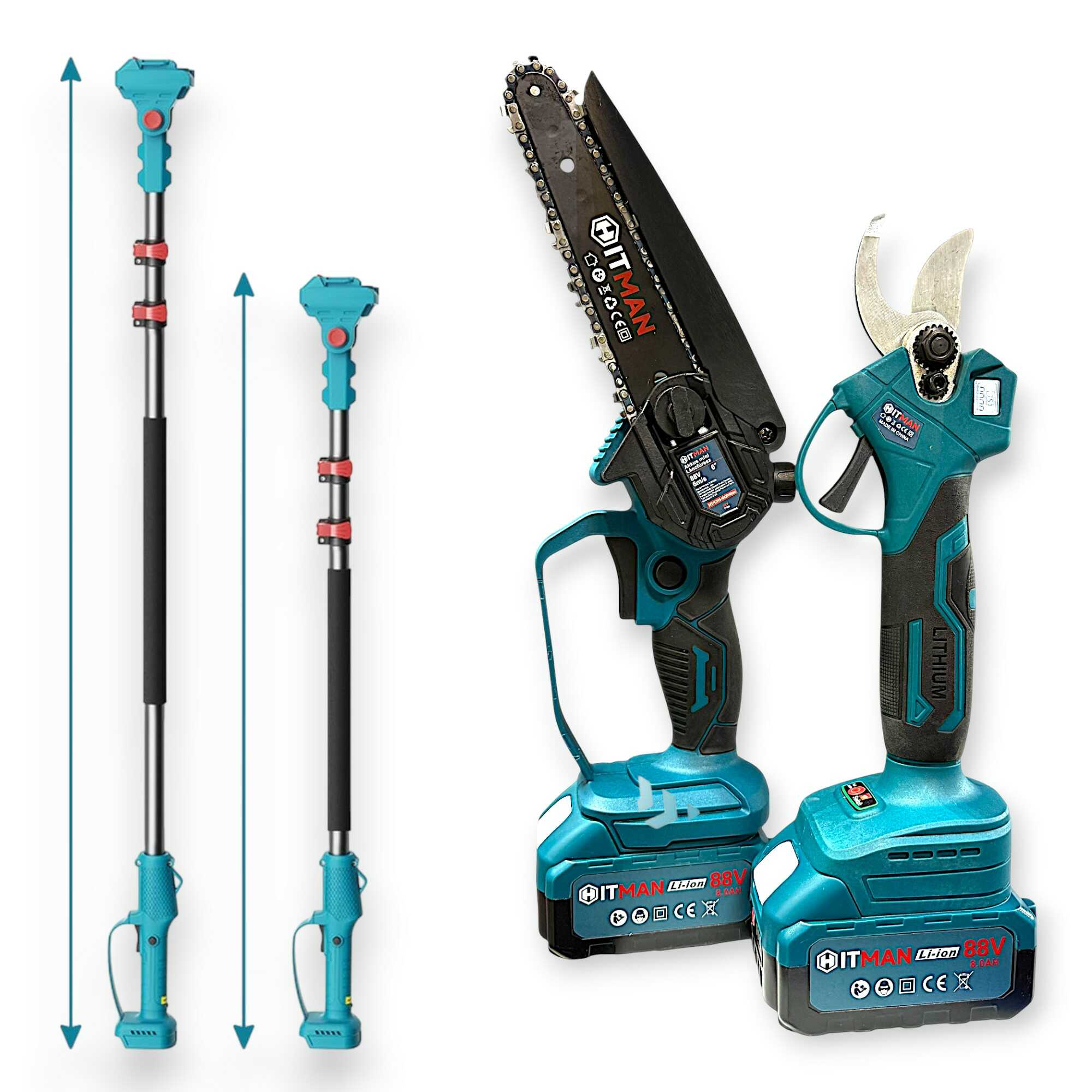 Akkumulátoros Profi Kerti Készlet 62V Metszőolló és 6" Láncfűrész 2 db Akkuval HT-RSX-6477 Hitman