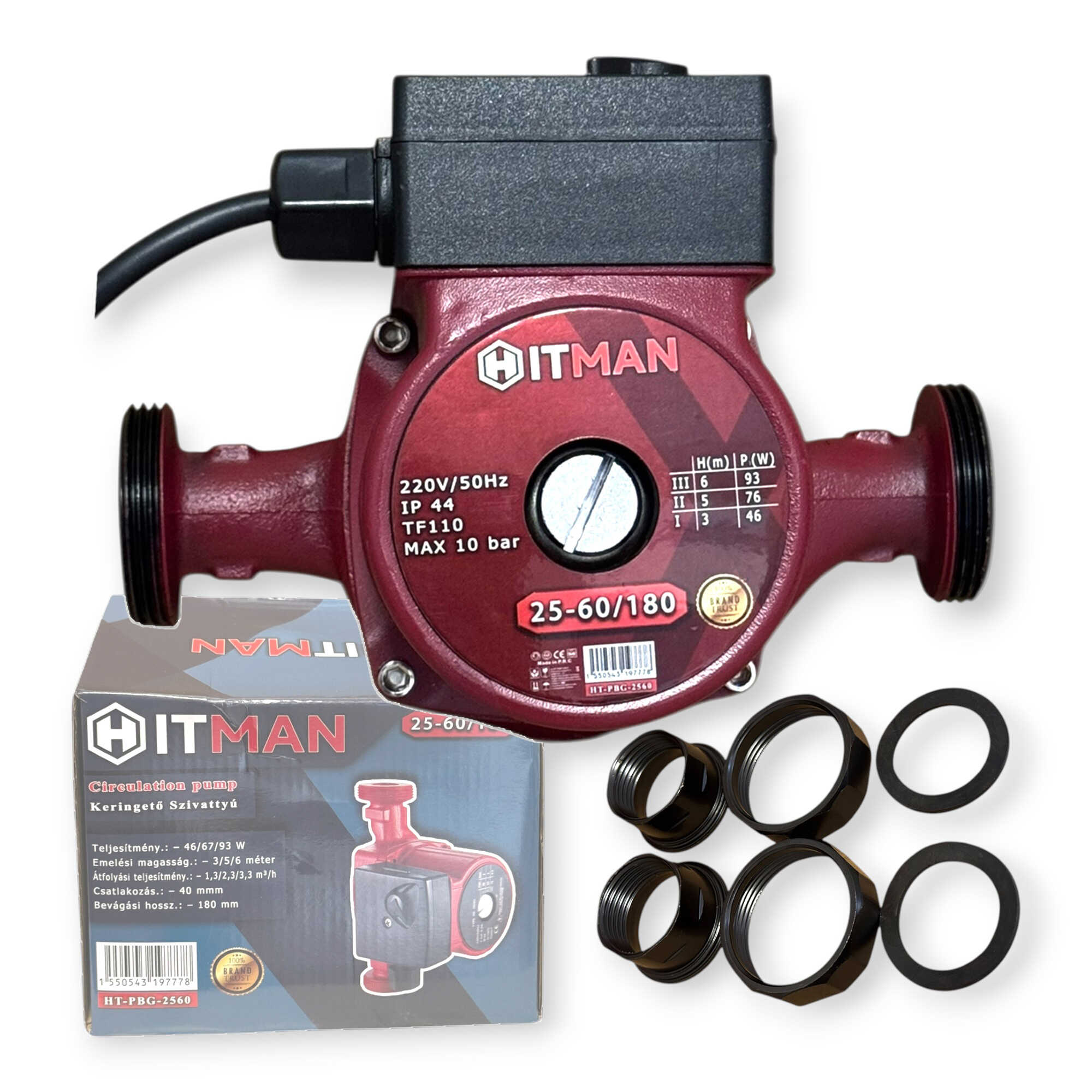 Keringető Szivattyú 3-fokozatú 100W 25-60/180mm Öntöttvas Ház HT-PBG-2560 Hitman