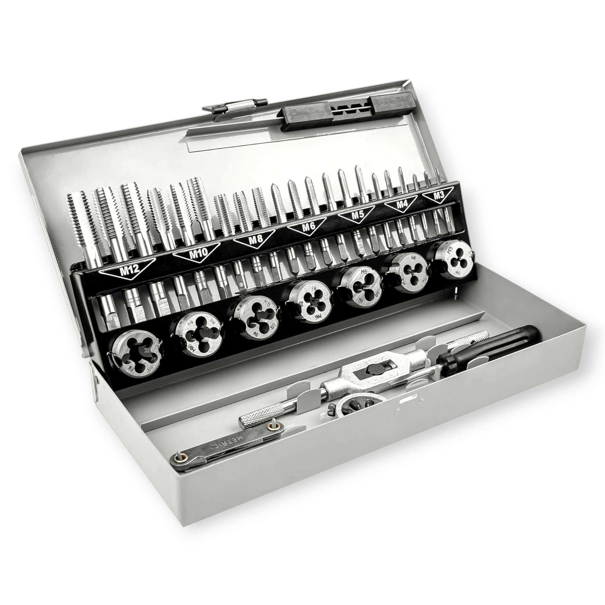 32 részes Professzionális Menetvágó és Menetfúró Készlet Fémdobozban - M3-M12 Precíziós Szerszámacél - HAINA HA-1443