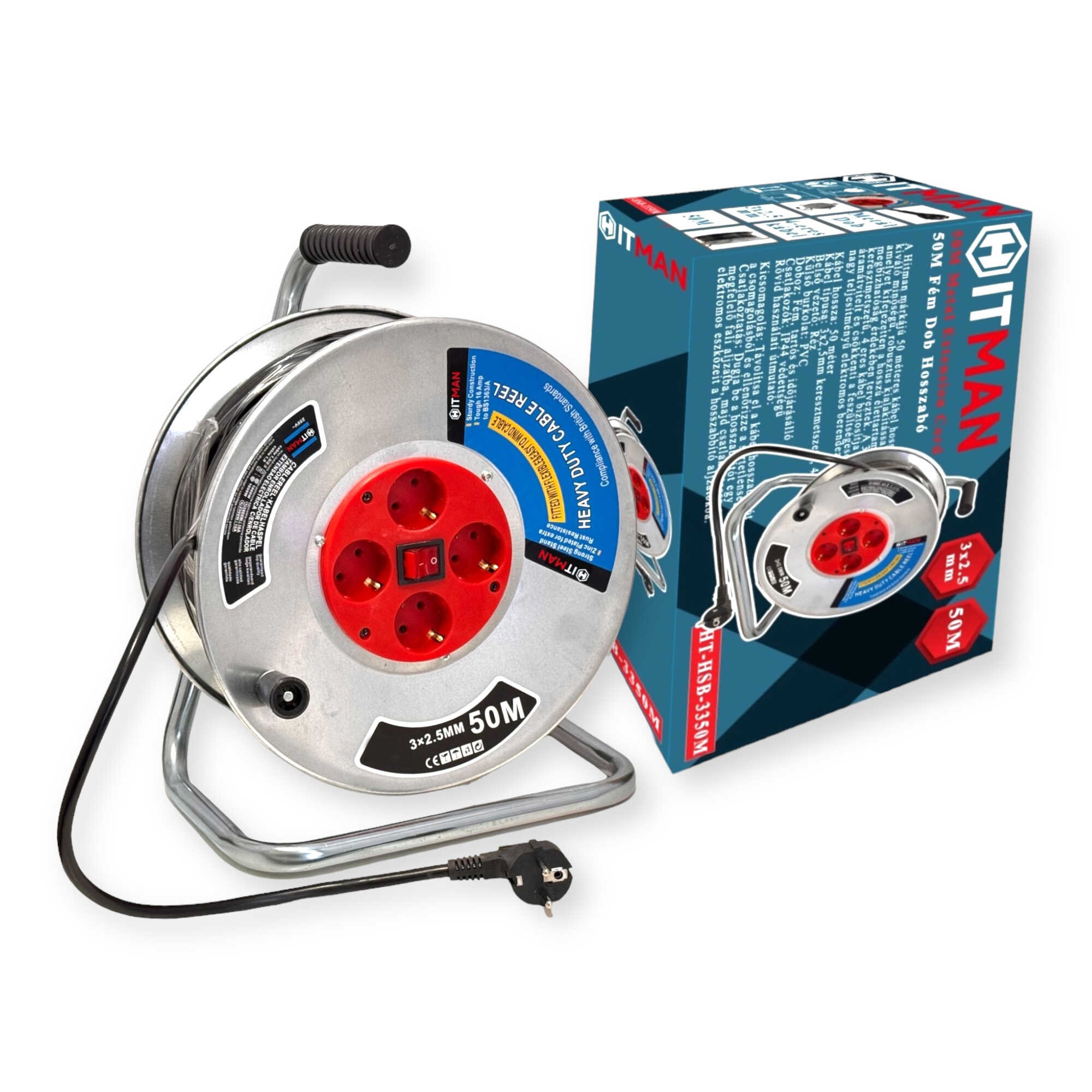 Gumis Hosszabbító Kábel Dob 50m 3x2,5mm² H07RN-F 4 Dugalj HT-HSB-3350M Hitman