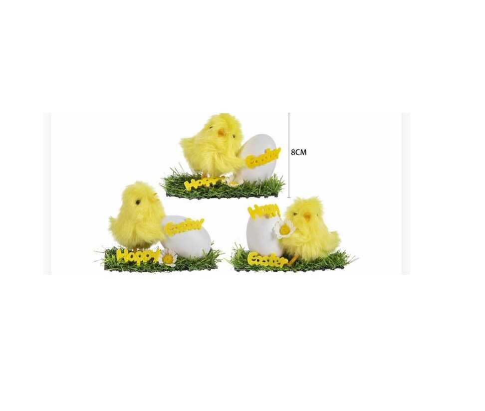 Húsvéti pelyhes csibe tojással műfű talpon dekoráció 11x4,5x8 cm KTM