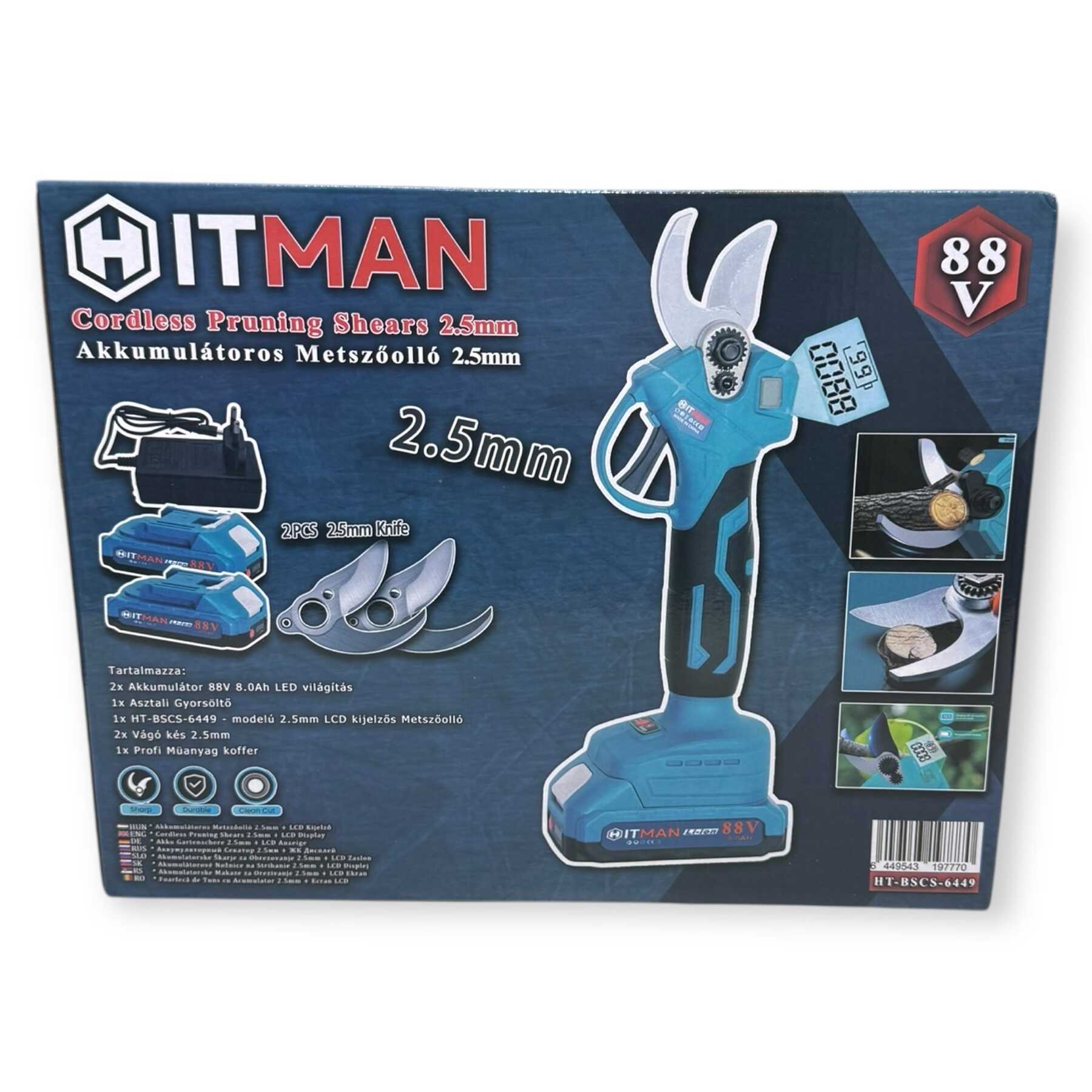 Akkumulátoros Metszőolló 88V LCD Kijelző 2-Akkús 2-Kés Készlet HT-BSCS-6449 Hitman