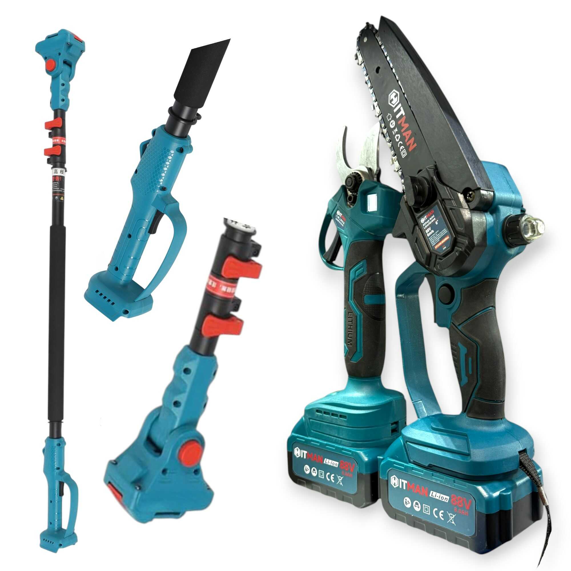 Akkumulátoros Profi Kerti Készlet 62V Metszőolló és 6" Láncfűrész 2 db Akkuval HT-RSX-6477 Hitman