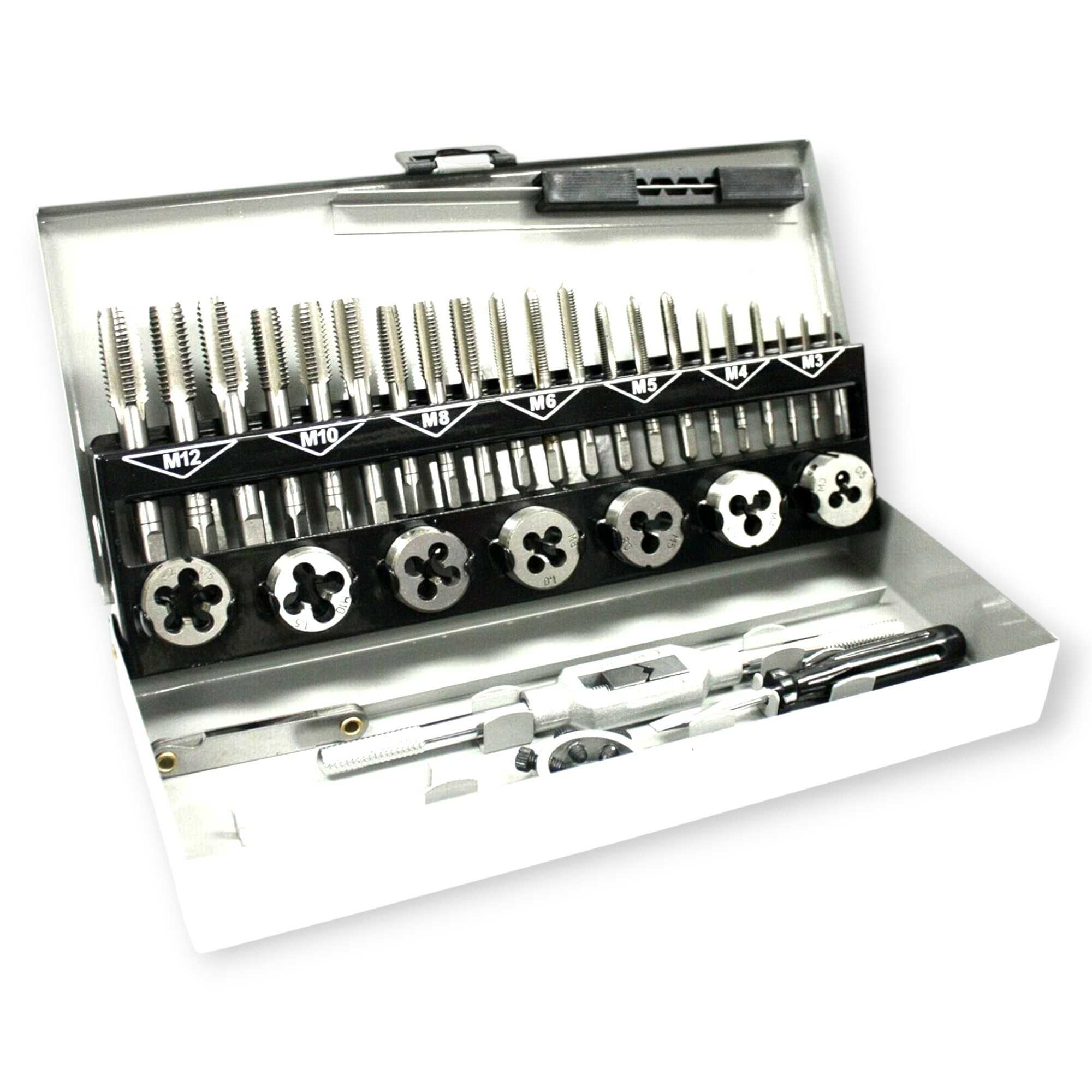32 részes Professzionális Menetvágó és Menetfúró Készlet Fémdobozban - M3-M12 Precíziós Szerszámacél - HAINA HA-1443