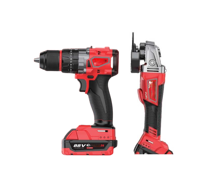 Professzionális 2 az 1-ben akkumulátoros gépcsomag ütvefúróval és sarokcsiszolóval, 2 db CP5.0 akkuval, piros kofferben SM-4221 SUPAMASTER