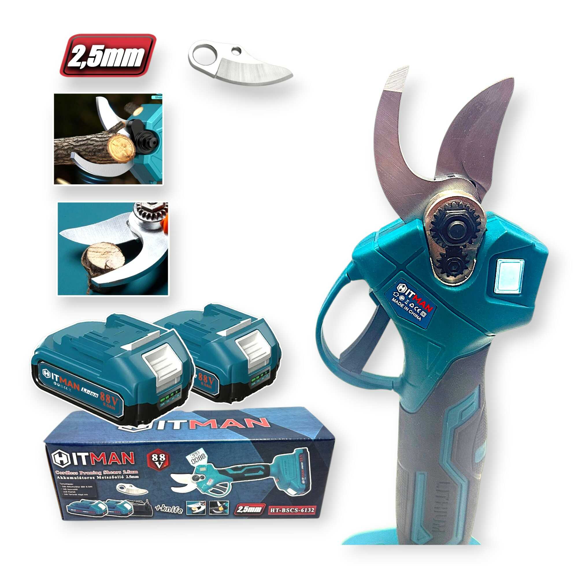 Akkumulátoros Metszőolló 62V 25mm Vágási Kapacitás 2 db Akkuval HT-BSCS-6132 Hitman