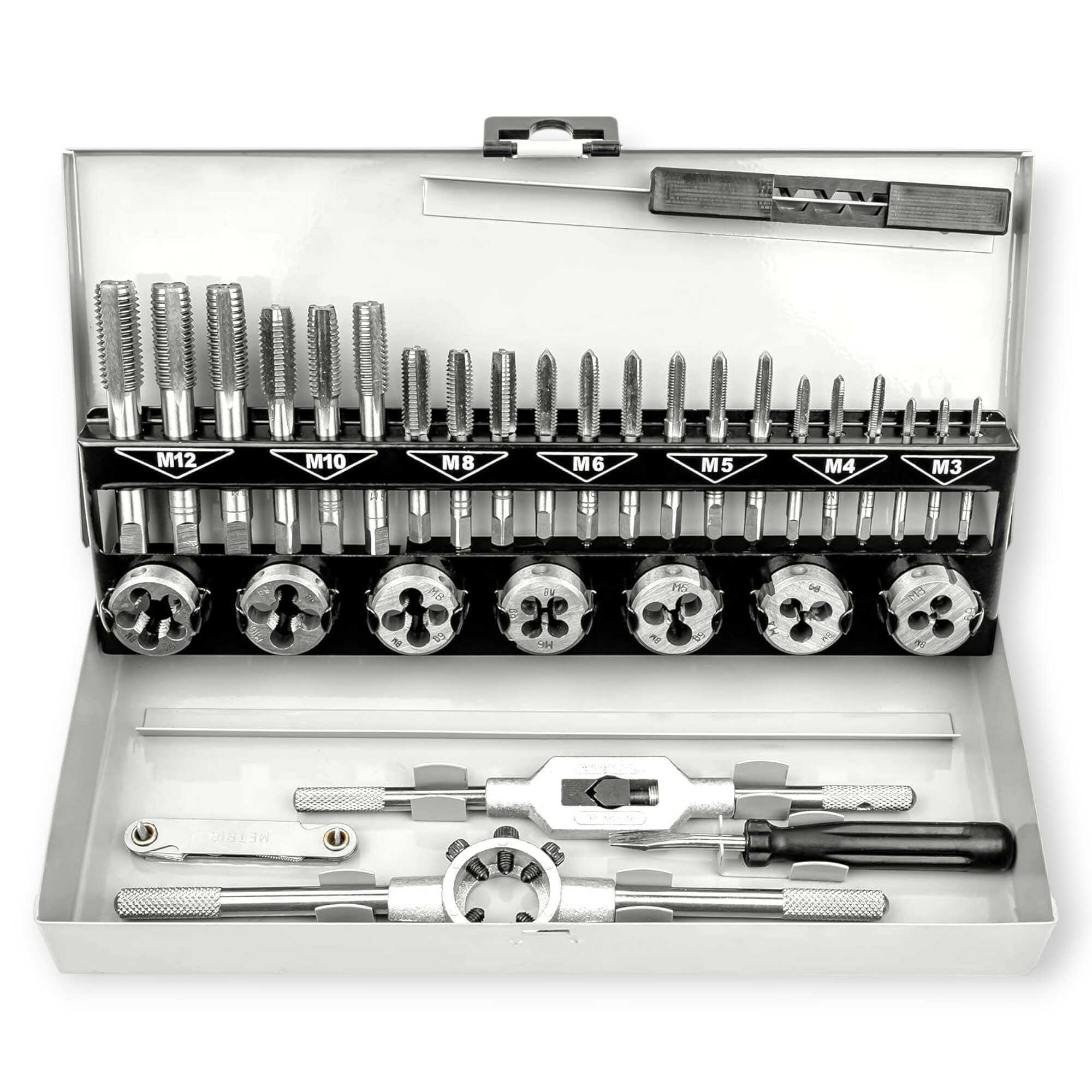 32 részes Professzionális Menetvágó és Menetfúró Készlet Fémdobozban - M3-M12 Precíziós Szerszámacél - HAINA HA-1443
