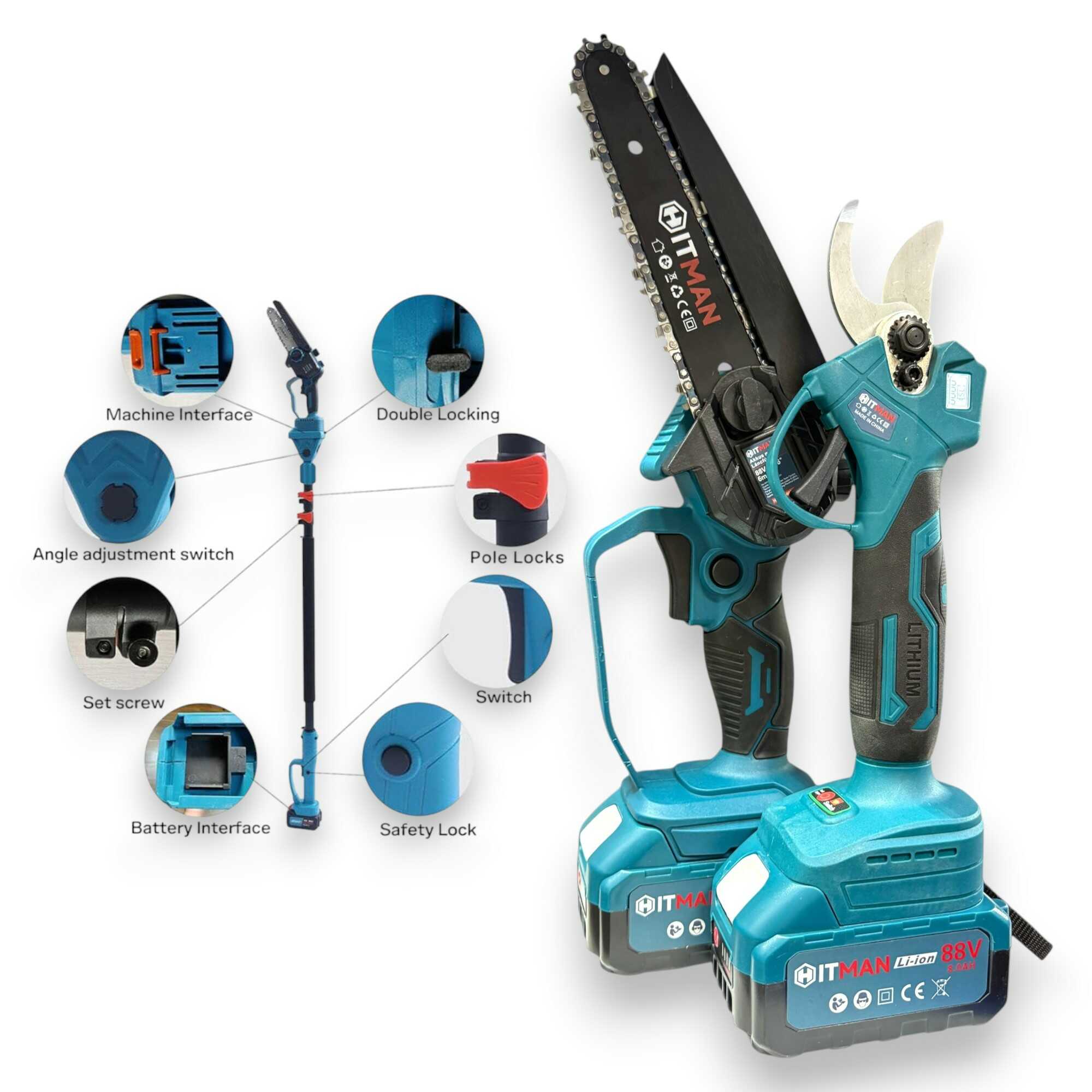 Akkumulátoros Profi Kerti Készlet 62V Metszőolló és 6" Láncfűrész 2 db Akkuval HT-RSX-6477 Hitman