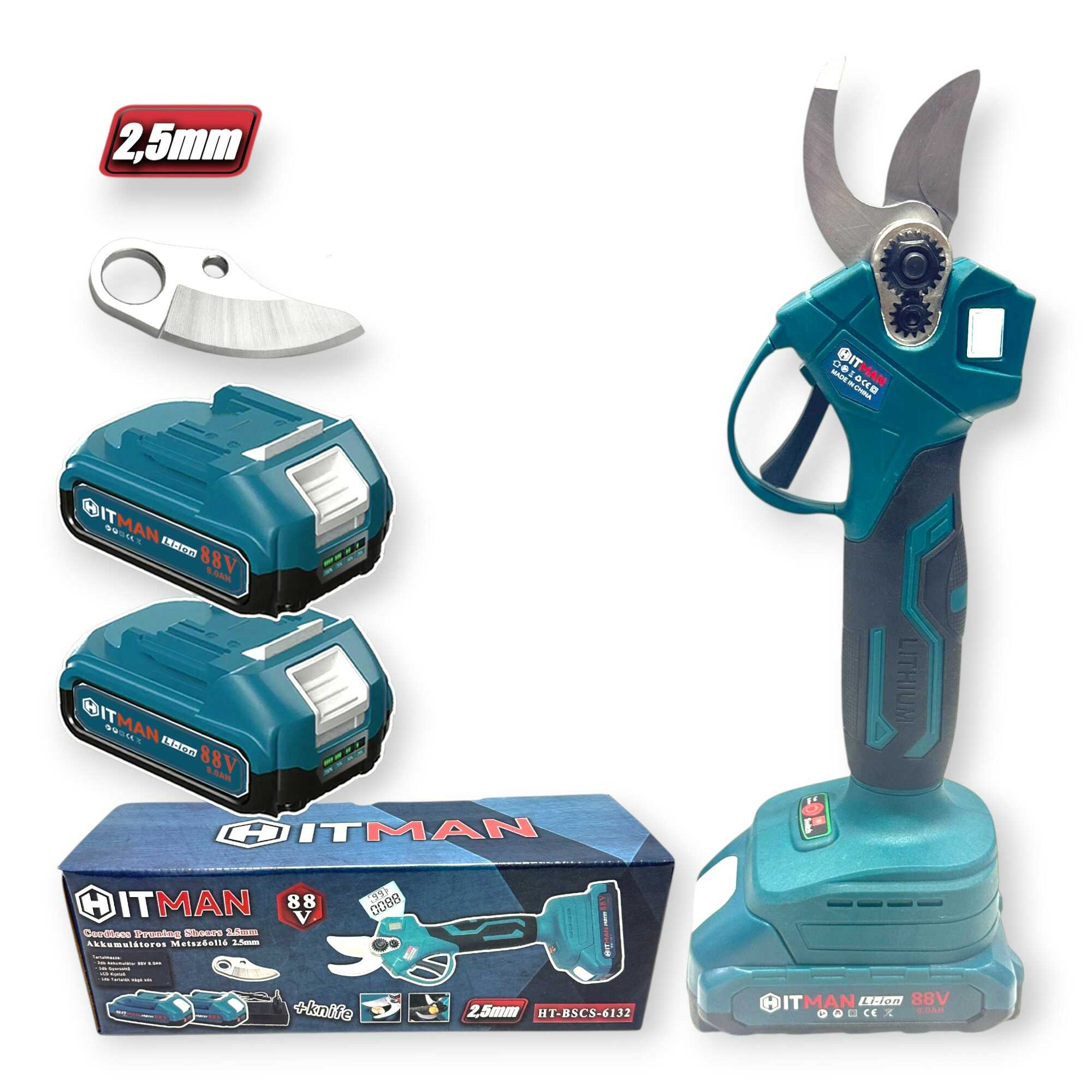 Akkumulátoros Metszőolló 62V 25mm Vágási Kapacitás 2 db Akkuval HT-BSCS-6132 Hitman