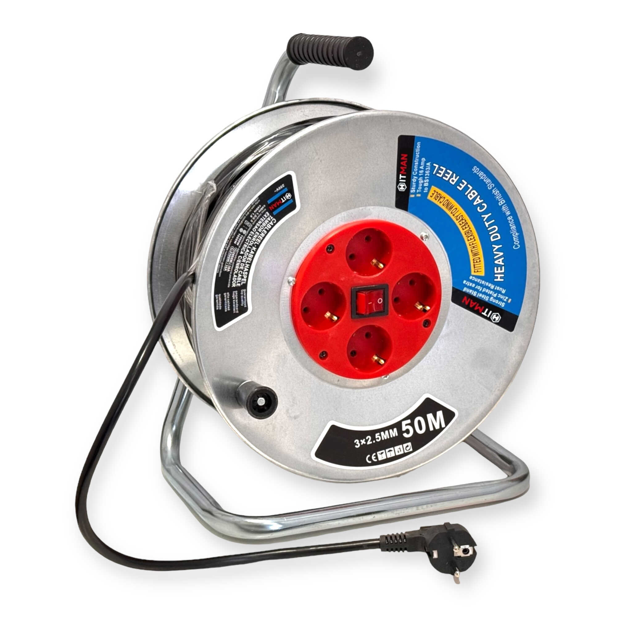 Gumis Hosszabbító Kábel Dob 50m 3x2,5mm² H07RN-F 4 Dugalj HT-HSB-3350M Hitman
