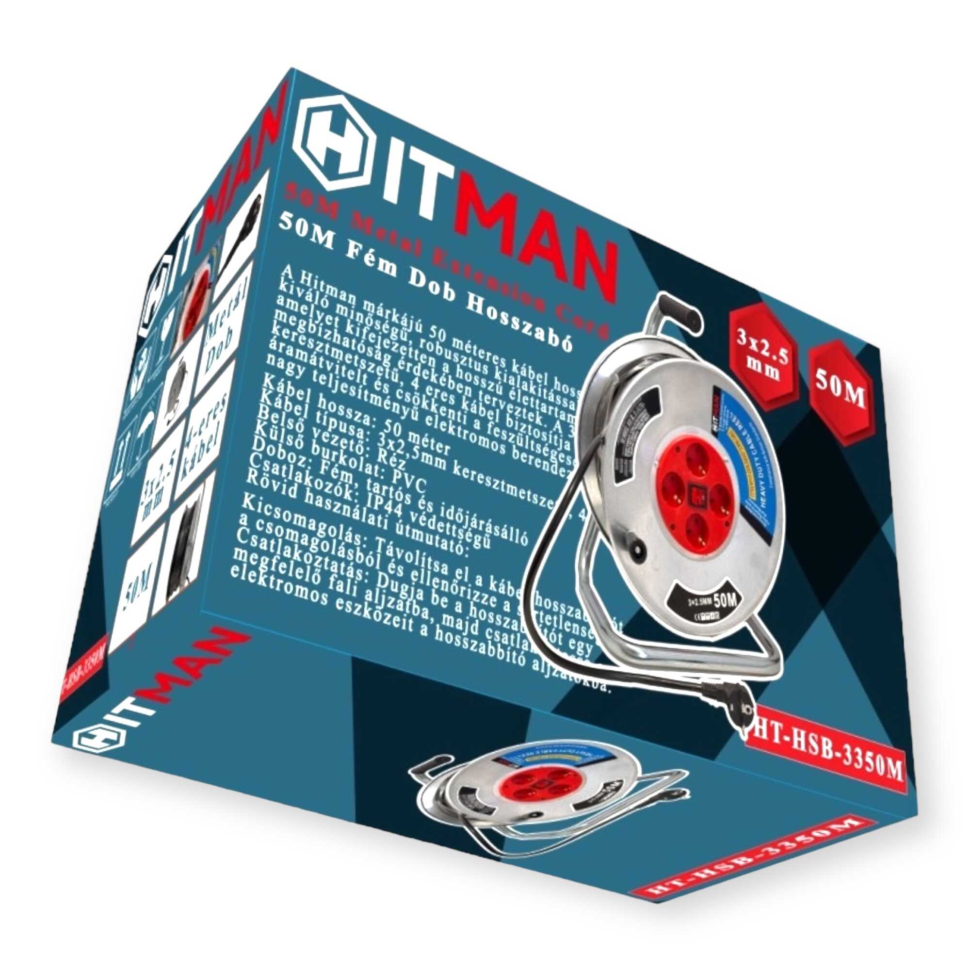 Gumis Hosszabbító Kábel Dob 50m 3x2,5mm² H07RN-F 4 Dugalj HT-HSB-3350M Hitman