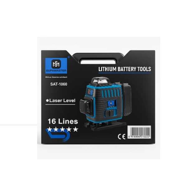 Professzionális 4D 16 vonalas önszintező lézer zöld fénnyel, 2 db akkumulátorral, hordozó állvánnyal SAT-1060 SUPAMASTER