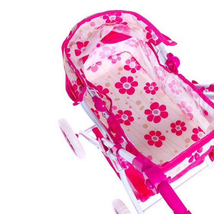 Virágmintás játék babakocsi állítható tolókarral, pink-fehér, 37x21x38 cm, 38-67 cm, 45 cm - Image 2