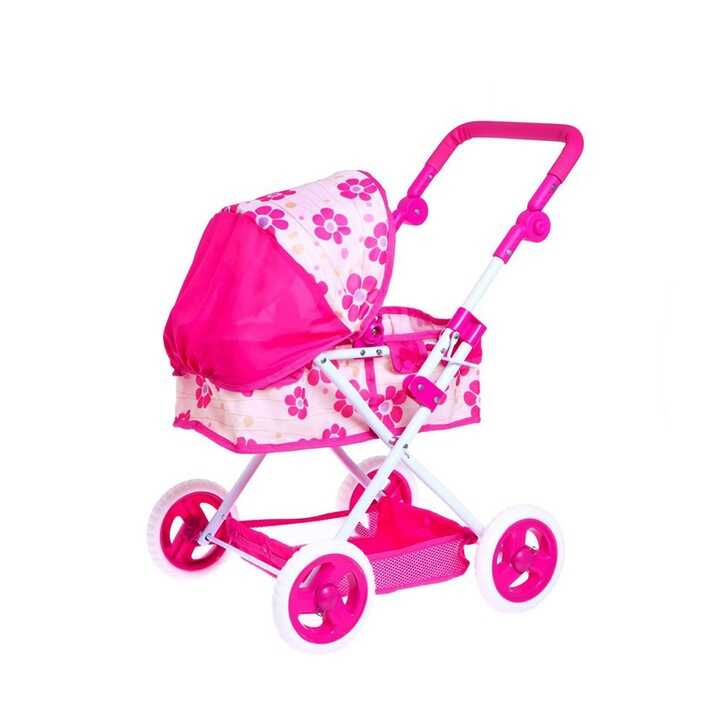 Virágmintás játék babakocsi állítható tolókarral, pink-fehér, 37x21x38 cm, 38-67 cm, 45 cm