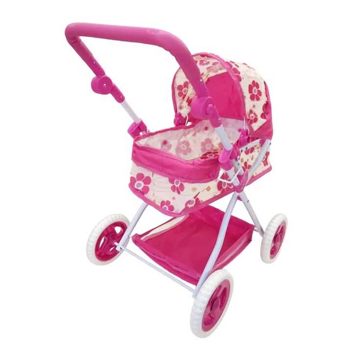 Virágmintás játék babakocsi állítható tolókarral, pink-fehér, 37x21x38 cm, 38-67 cm, 45 cm - Image 3