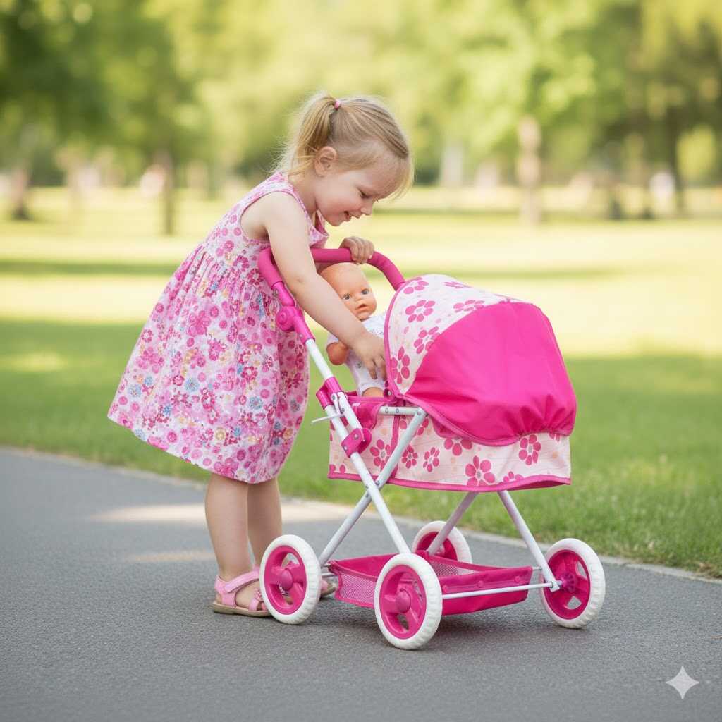 Virágmintás játék babakocsi állítható tolókarral, pink-fehér, 37x21x38 cm, 38-67 cm, 45 cm - Image 4