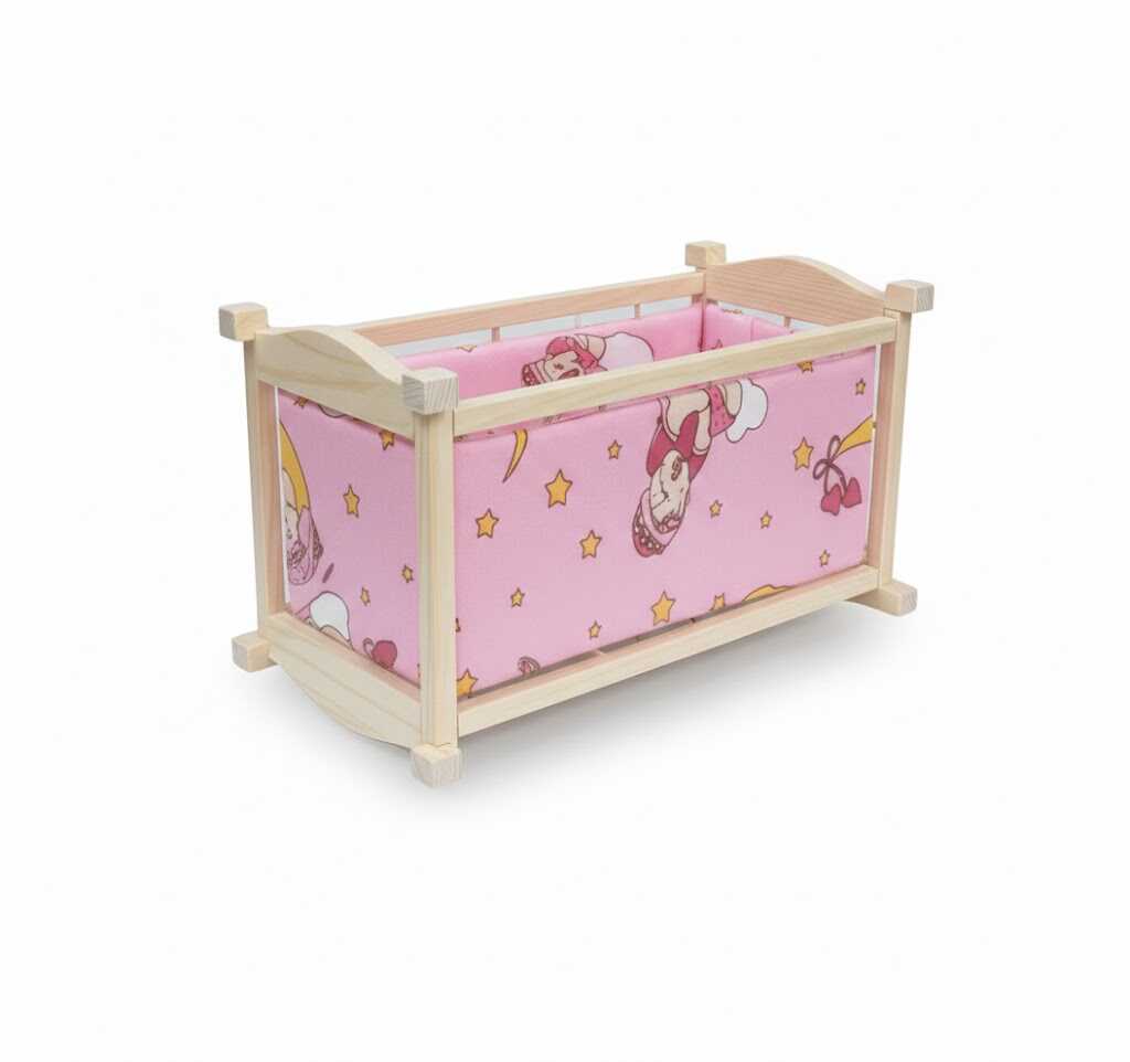 Ringatható fa játékbaba bölcső mintás textil béléssel, natúr-pink